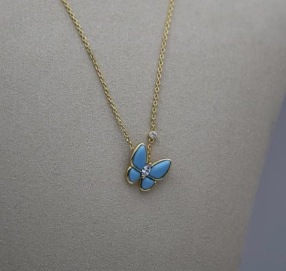 18k Gold, turquoise butterfly necklac 925 Sterling cz (w8 vc stamp) #Gift