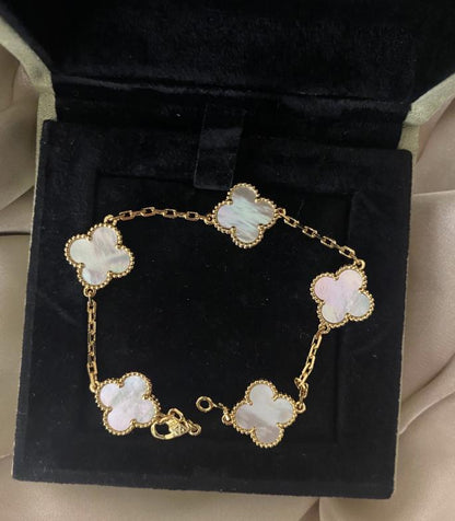 Four leaf white Pearl guilloche Clover Bracelet 925 silver 18k gold plated #clover Gift