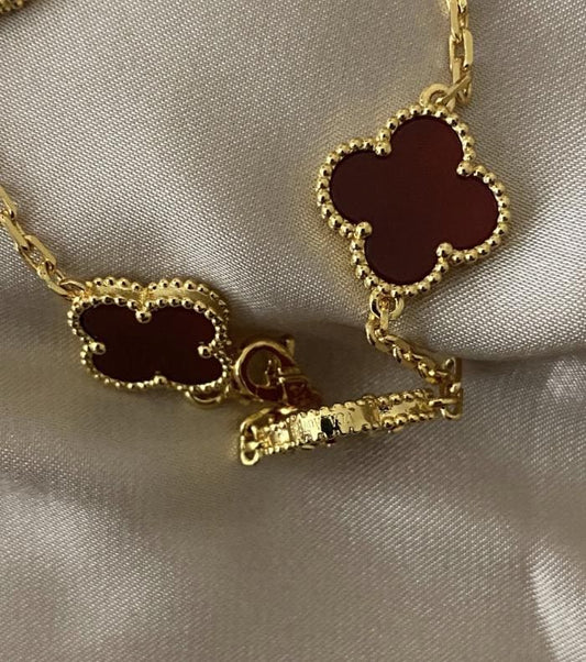 18k Gold Red Clover Bracelet carnelian Chain motif #Gift