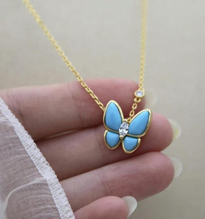 18k Gold, turquoise butterfly necklac 925 Sterling cz (w8 vc stamp) #Gift