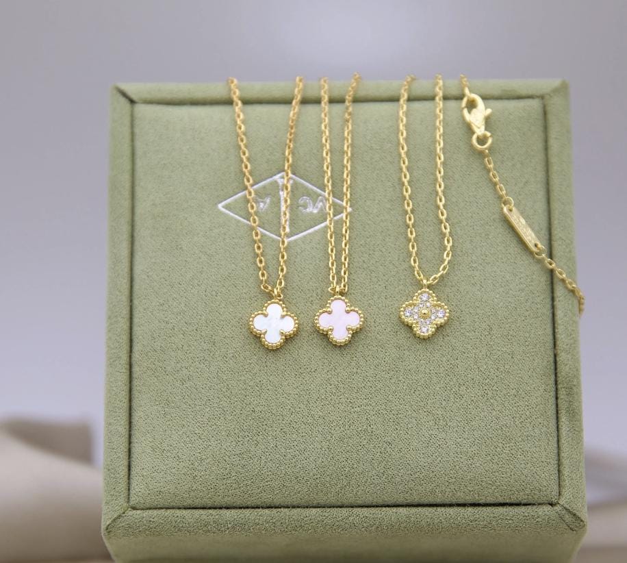9.5 mm sweet mini Clover necklace four leaf 18k Gold Plated 925 Sterling (w8 vc stamp)