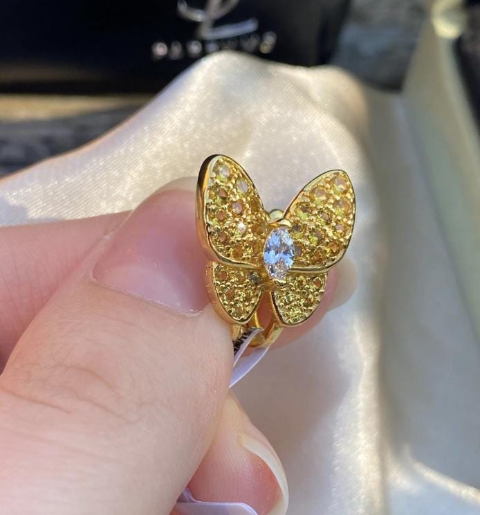 Gold Butterfly pave mismatched earrings 925 silver 18k gold plated #gift