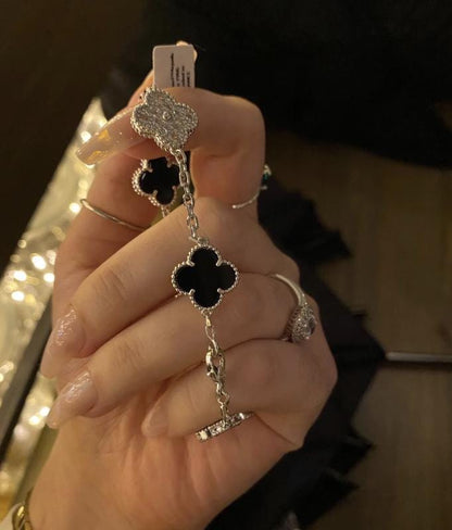 925 silver 18k white gold plated diamond clover bracele black agate (w8 stamp)#clover Gift