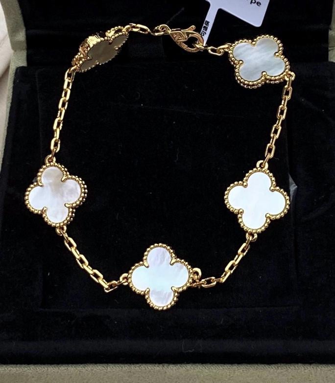 Four leaf white Pearl guilloche Clover Bracelet 925 silver 18k gold plated #clover Gift