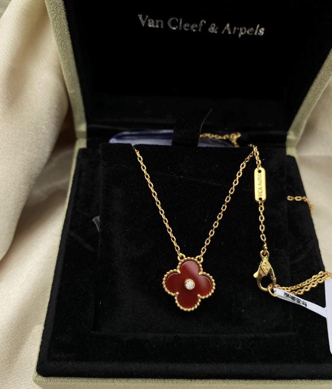 Red carnelian clover necklace, Gold Four leaf clover 18k gold plated, 15mm one motif clover necklace, Christmas holiday pendant