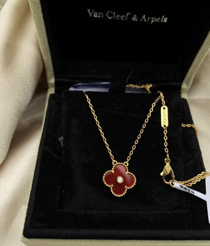 Red carnelian clover necklace, Gold Four leaf clover 18k gold plated, 15mm one motif clover necklace, Christmas holiday pendant