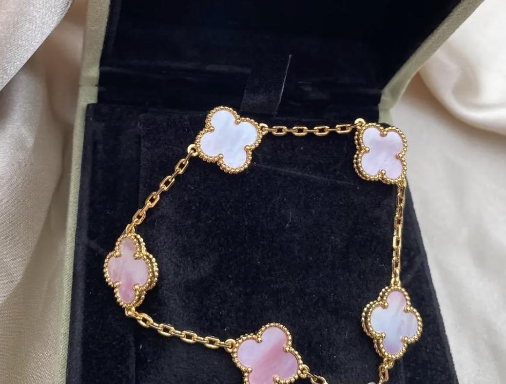 18k Gold Pink Real Natural Pearl Clover Bracelet 925 silver plate gold #Eid