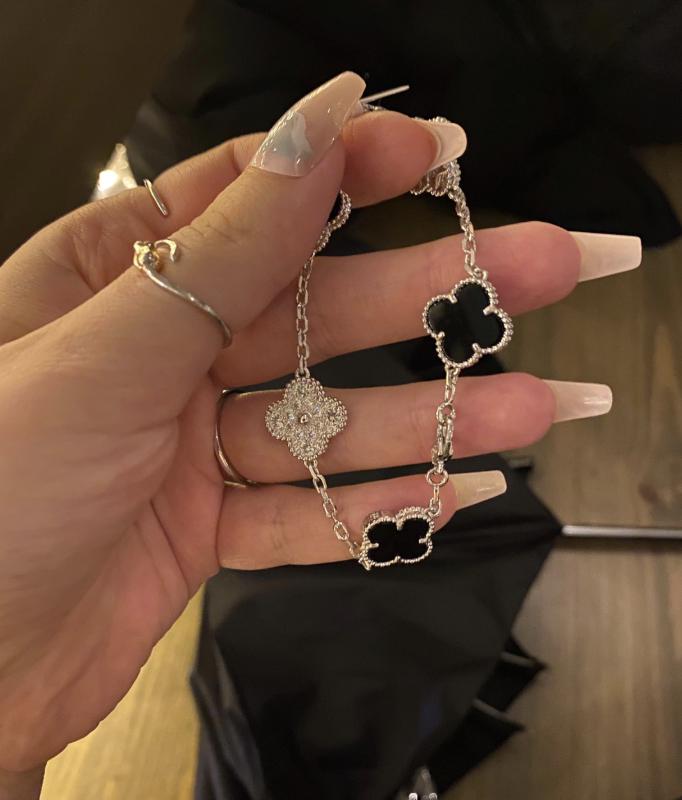925 silver 18k white gold plated diamond clover bracele black agate (w8 stamp)#clover Gift