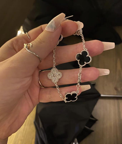 925 silver 18k white gold plated diamond clover bracele black agate (w8 stamp)#clover Gift