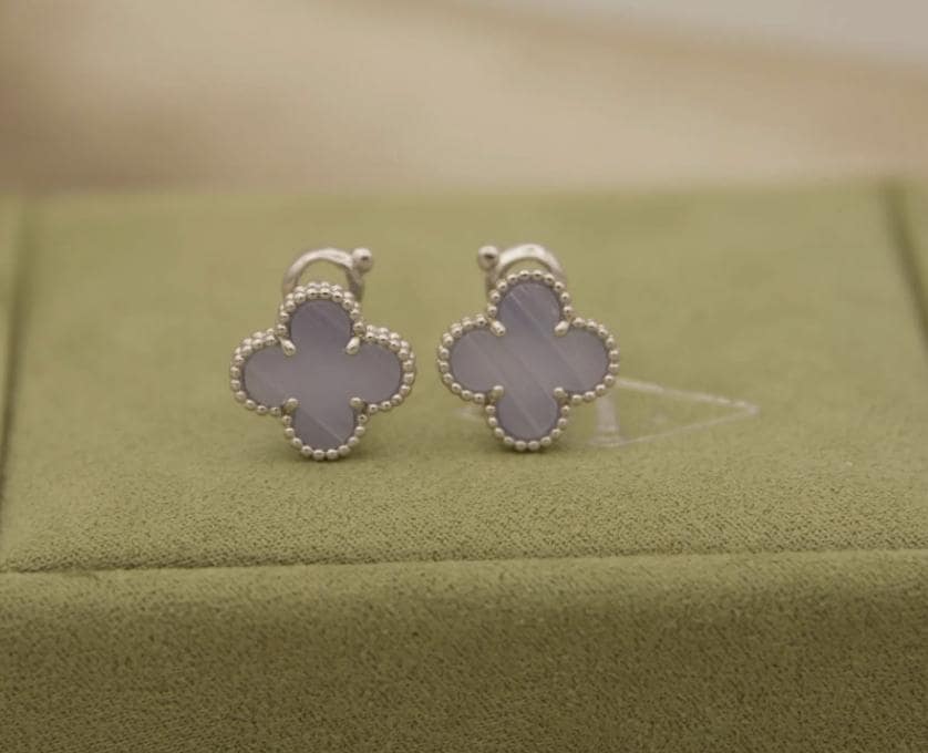 Chalcedony Clover Earrings, 18k White Gold Plated Sterling Silver