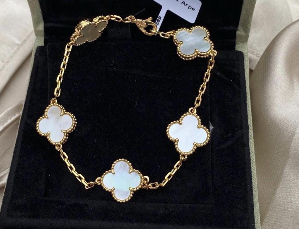 Four leaf white Pearl guilloche Clover Bracelet 925 silver 18k gold plated #clover Gift