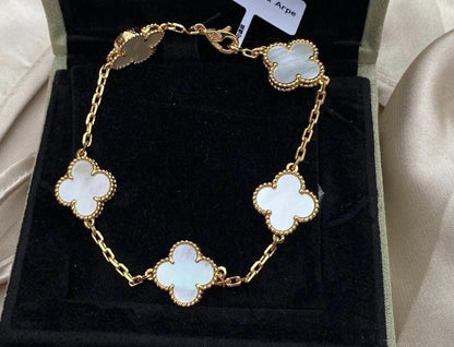Four leaf white Pearl guilloche Clover Bracelet 925 silver 18k gold plated #clover Gift