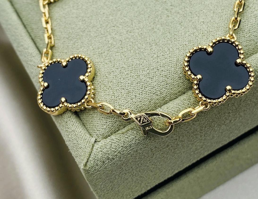925 silver 18k Gold plated black agate Clover Bracelet #Gift