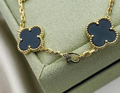 925 silver 18k Gold plated black agate Clover Bracelet #Gift