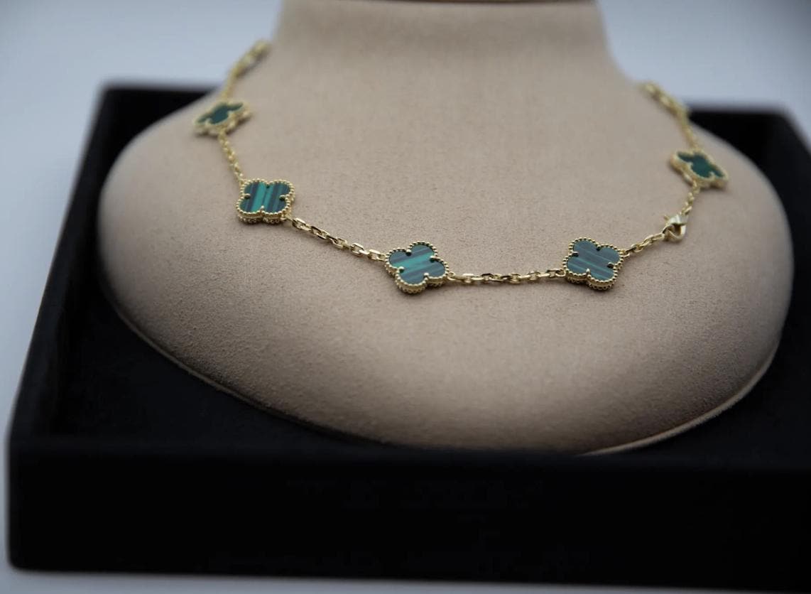 10 motif Green natural malachite Clover necklace chain 18k gold plated 925 silver (with vc stamp)