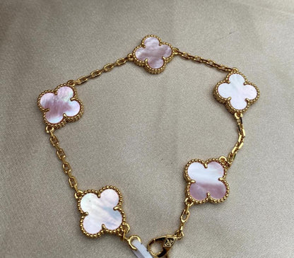 18k Gold Pink Real Natural Pearl Clover Bracelet 925 silver plate gold #Eid