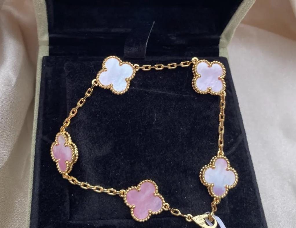 18k Gold Pink Real Natural Pearl Clover Bracelet 925 silver plate gold #Eid