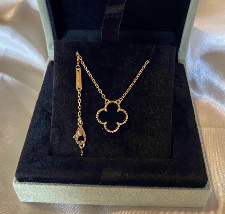 Vintage Gold Fill black Onyx Clover Necklace: 18k Gold Plated Sterling Silver Pendant#clover Gift