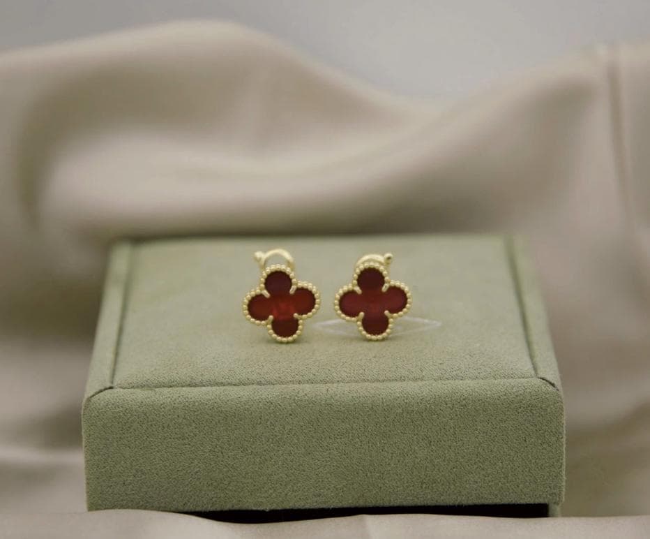Red carnelian Clover earrings four leaf 18k Gold Plated silver (w8 vc stamp)#clover Gift