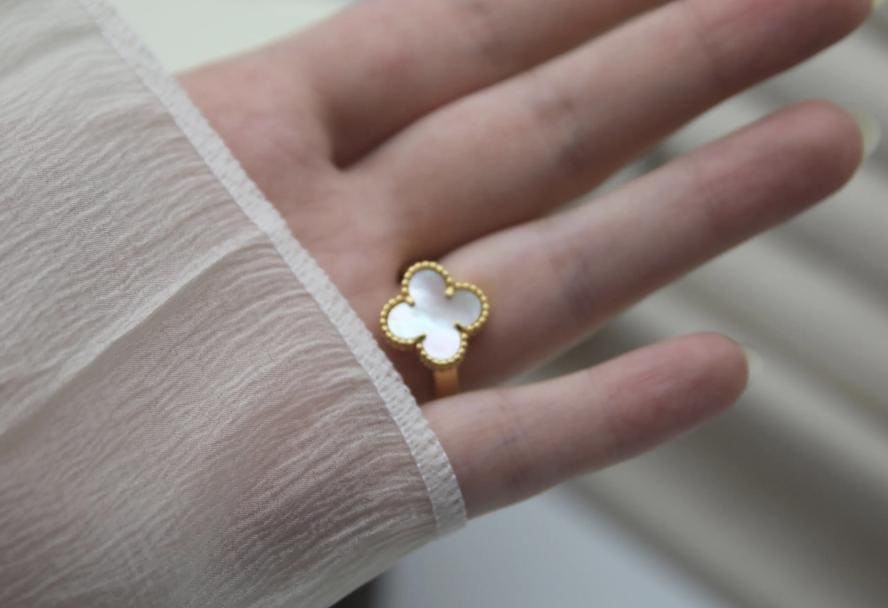 Four leaf guilloche Clover Ring 925 silver 18k gold plated #Gift