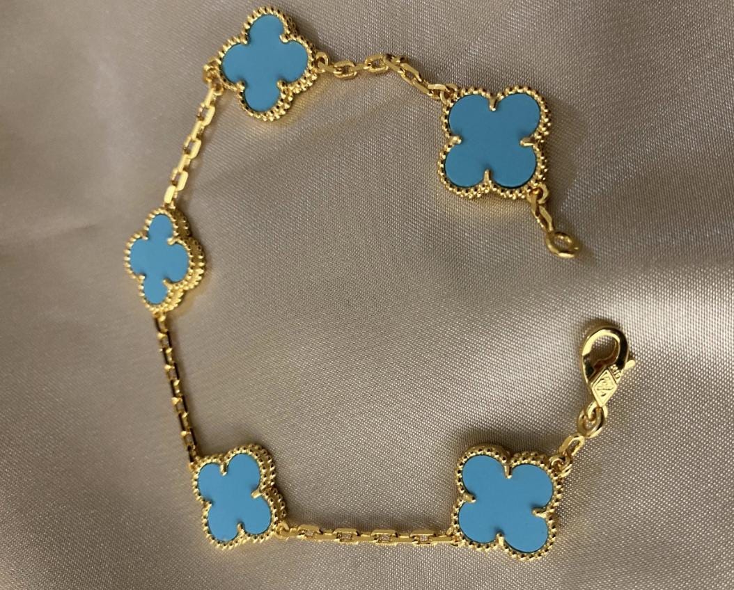 Turquoise 15mm clover bracelet 925 silver 18k gold plating (w8 stamp) #clover Gift