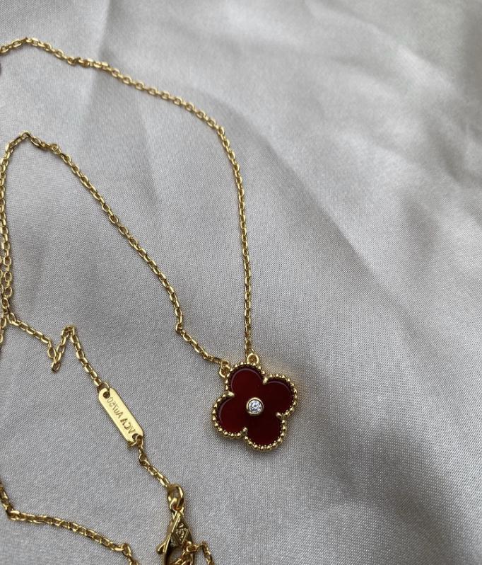 Red carnelian clover necklace, Gold Four leaf clover 18k gold plated, 15mm one motif clover necklace, Christmas holiday pendant