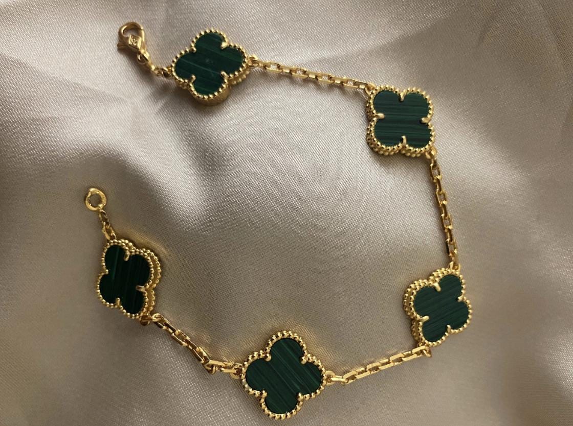18k gold plated 925 silver malachite green Clover Bracelet