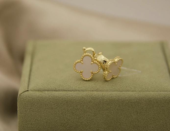 White real pearl Clover earrings four leaf 18k Gold Plated 925 Sterling (w8 vc stamp) #clover Gift