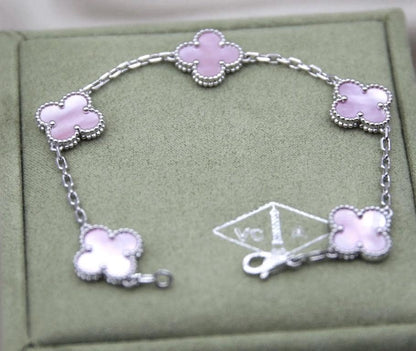 Four leaf Pink Pearl guilloche Clover Bracelet 925 silver 18k gold plated