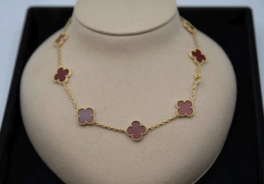 10 motif Red natural carnelian Clover necklace chain 18k gold plated 925 silver (with vc stamp)