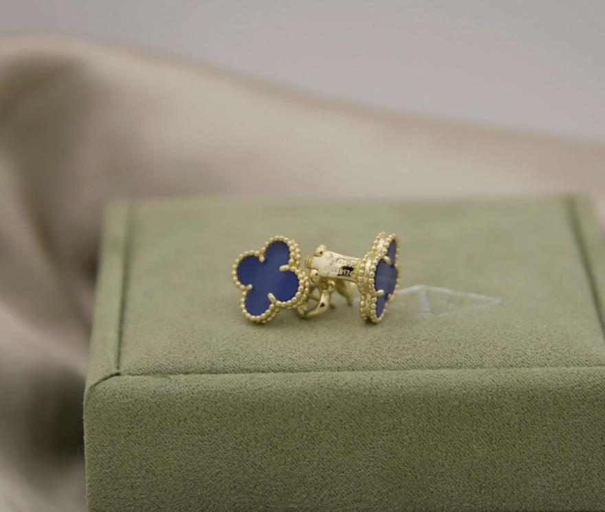 Blue agate Clover earrings four leaf 18k Gold Plated 925 Sterling (w8 stamp)