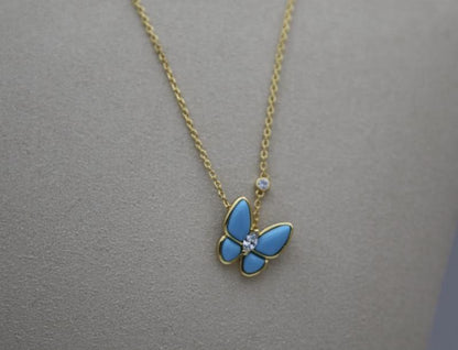 18k Gold, turquoise butterfly necklac 925 Sterling cz (w8 vc stamp) #Gift