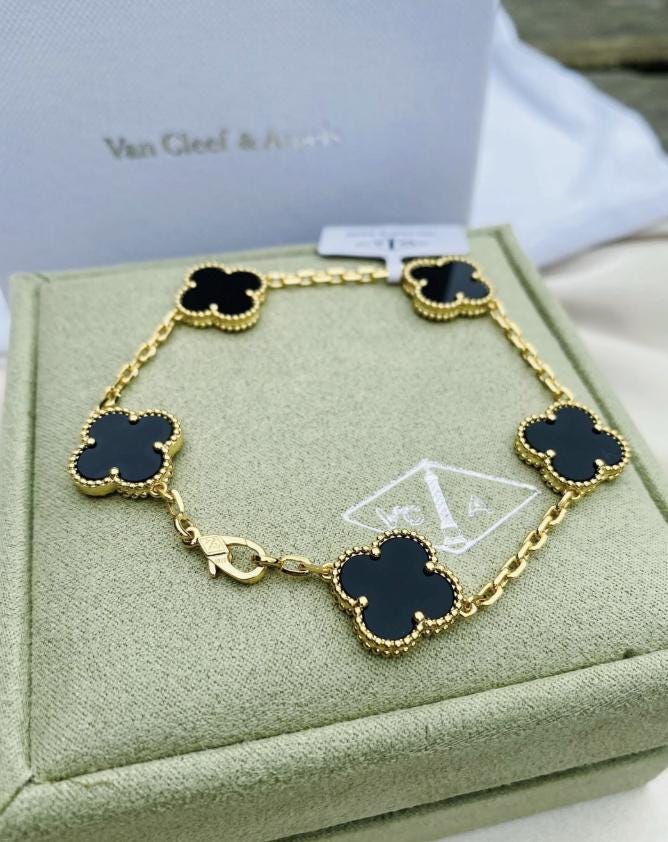 925 silver 18k Gold plated black agate Clover Bracelet #Gift