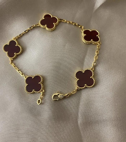 18k Gold Red Clover Bracelet carnelian Chain motif #Gift