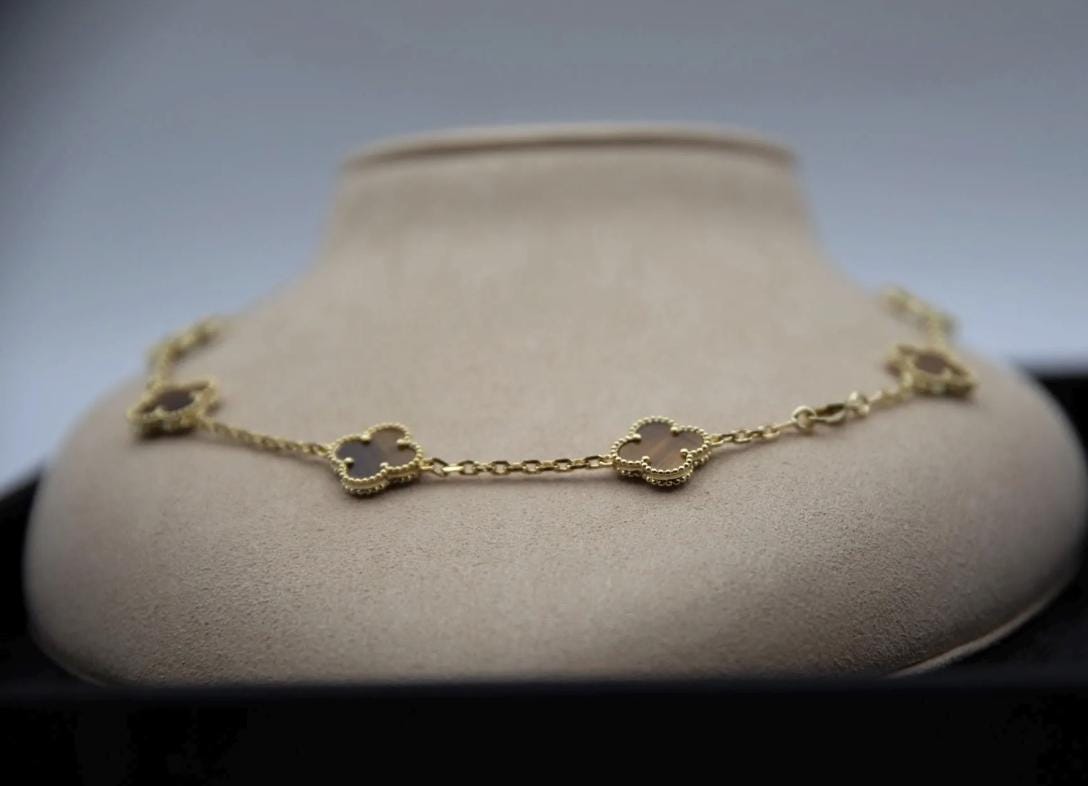 10 motif tiger eyes Clover necklace chain 18k gold plated 925 silver (with vc stamp)
