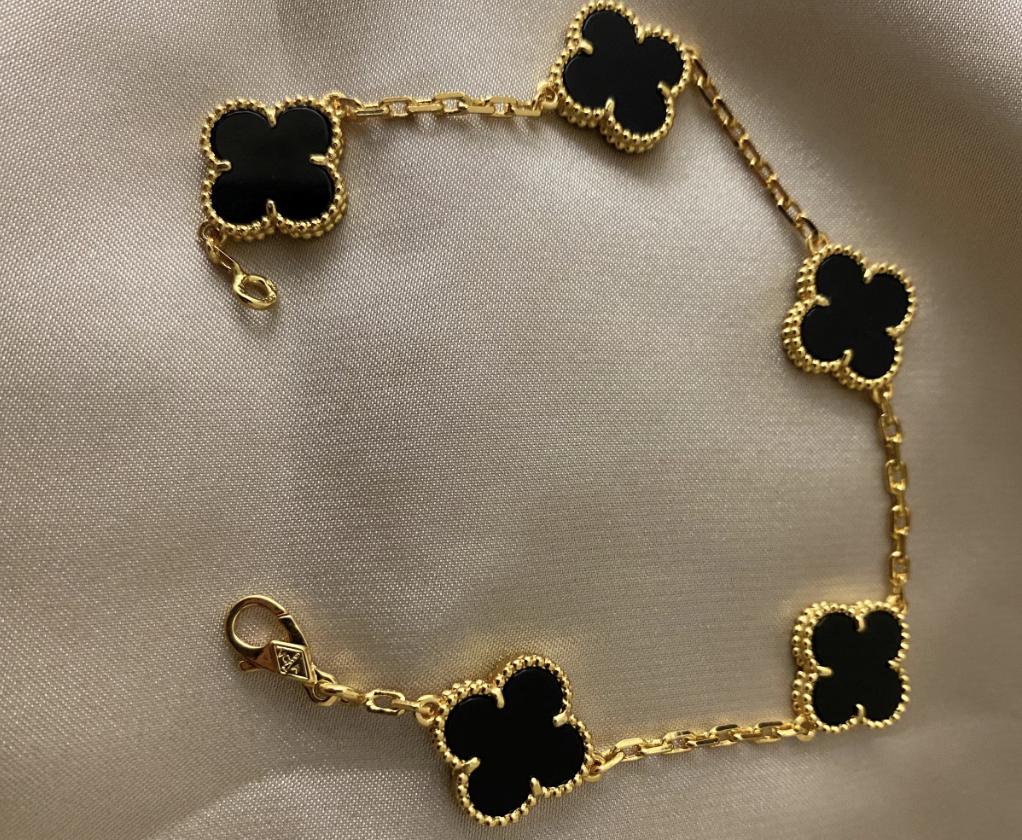 18k Gold black Onyx Clover Bracelet 925 silver #Gift