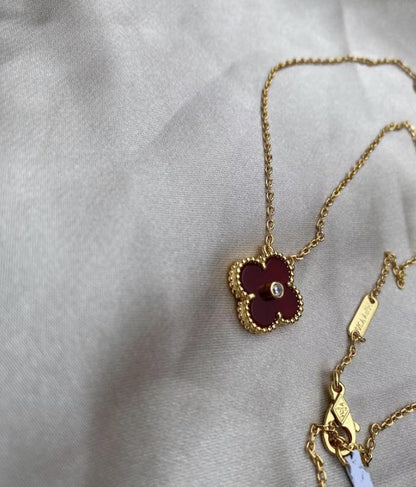 Red carnelian clover necklace, Gold Four leaf clover 18k gold plated, 15mm one motif clover necklace, Christmas holiday pendant