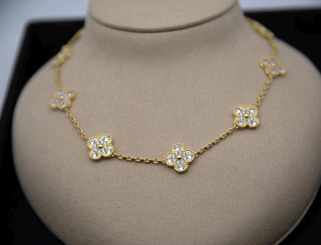 10 motif Gold Diamond Clover necklace chain 18k gold plated 925 silver (with vc stamp)