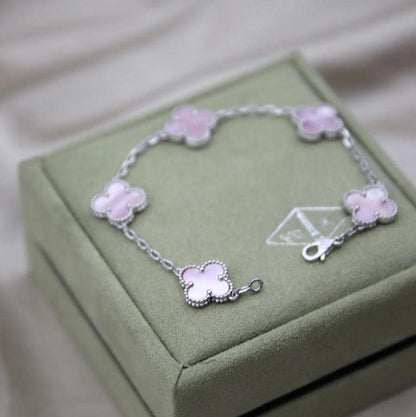 Four leaf Pink Pearl guilloche Clover Bracelet 925 silver 18k gold plated