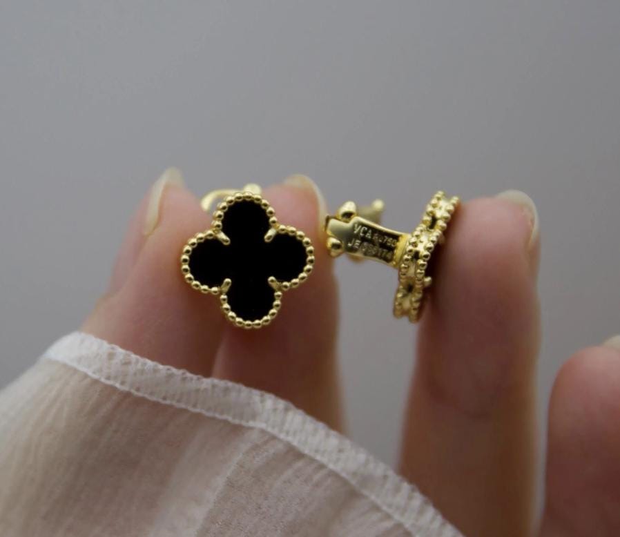 Luxury Clover earrings natural agate four leaf 18k Gold Plated 925 Sterling