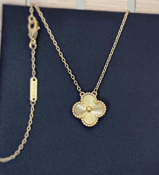 Guilloche 5 clover necklace, Gold Four leaf clover 18k gold plated silver, 15mm one motif clover necklace, clover jewelry heavy
